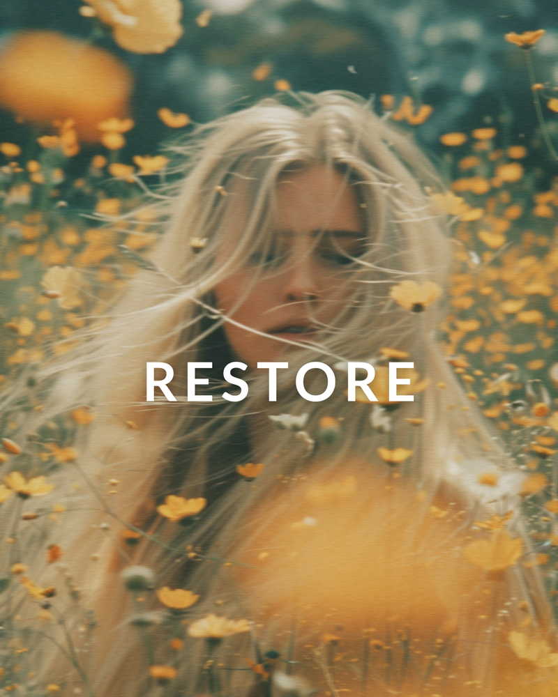 Kate's Magik Restore aromatherapy blends: grounding, calm, lavender and sandalwood WOMAN IN FIELD OF YELLOW FLOWERS