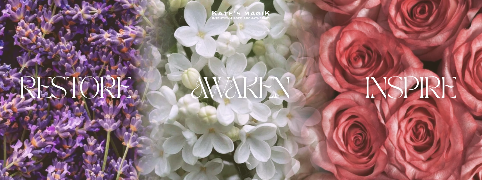Kate's Magik essential oil aromatherapy products: Restore, Awaken, Inspire