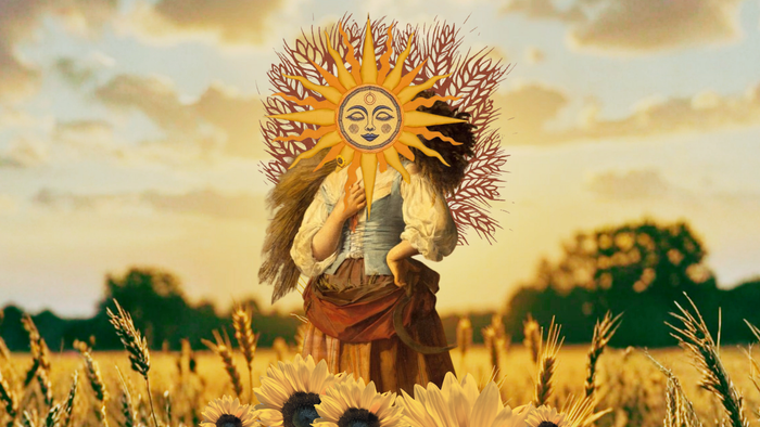 Lammas blog banner featuring wheat and harvest symbolism with the sun and a baby