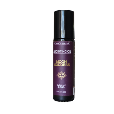 Kate's Magick Moon Goddess Anointing Oil in Jasmine Blend, 10 ml bottle with a black cap and a dark purple label.