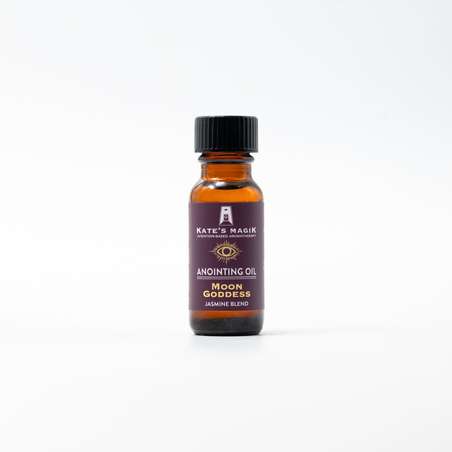 Kate's Magick Moon Goddess Anointing Oil in Jasmine Blend, 10 ml bottle with a black cap and a dark purple label.