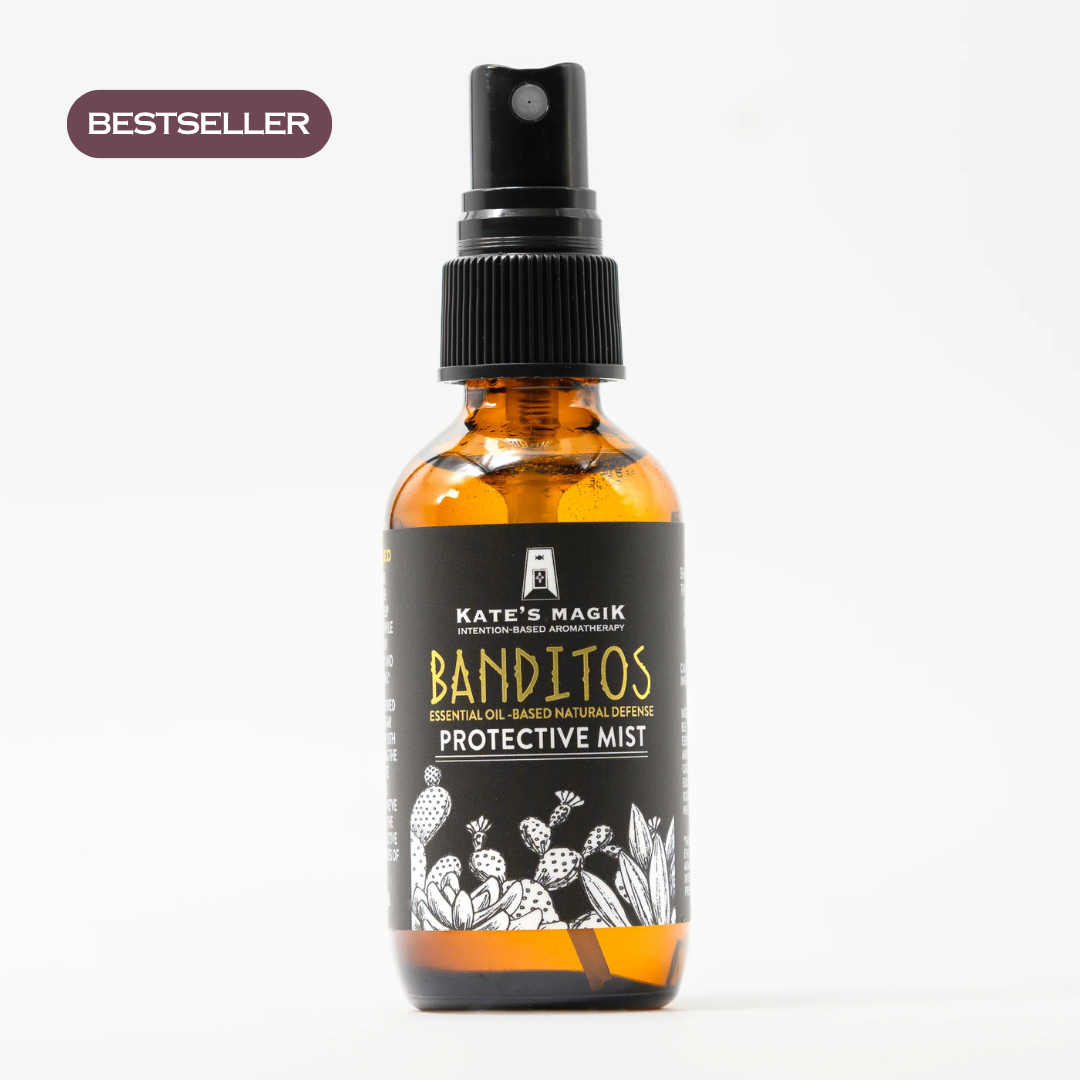 Banditos Protective Mist in an amber glass bottle with spray top. Best seller label in top left corner