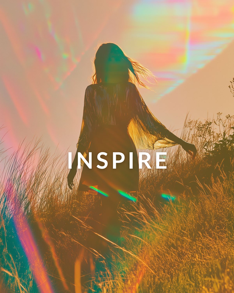 Kate's Magik Inspire aromatherapy blends: heart-opening, rose, connection WOMAN IN FIELD WITH SUN SPOT LIGHTING