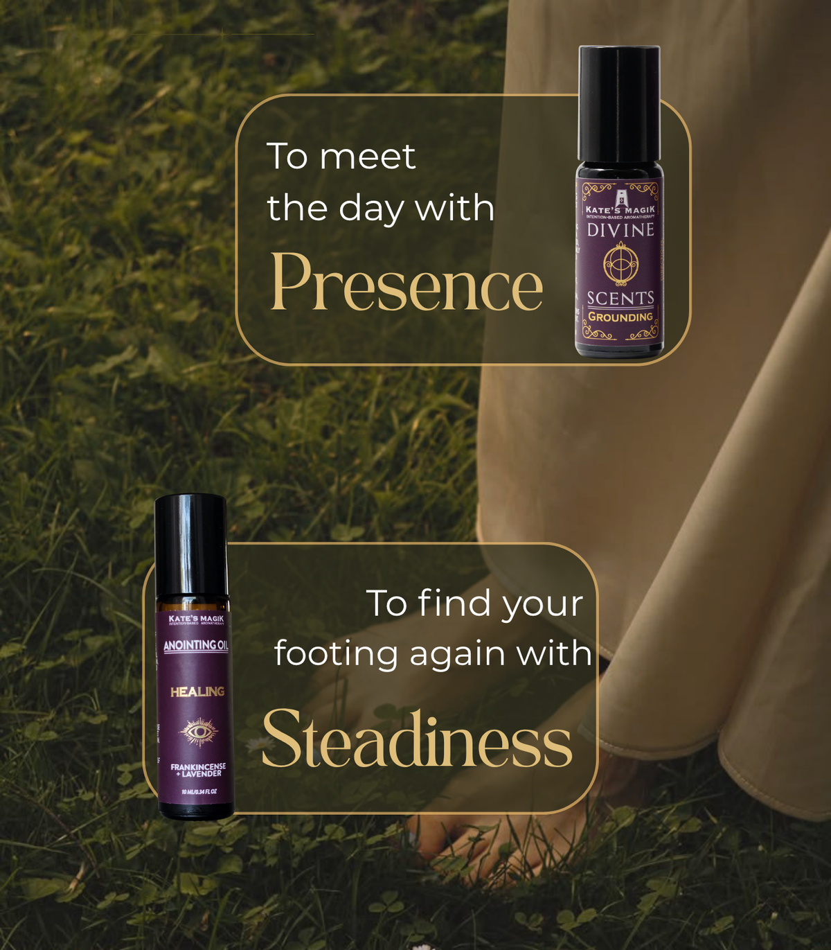 Bare feet standing in morning grass