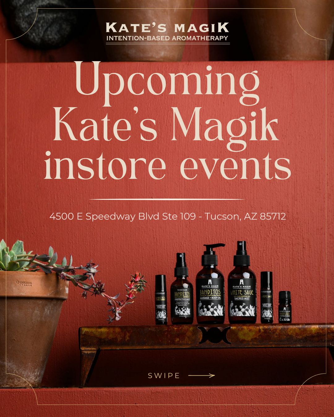 Promotional image for Kate's Magik instore event. terracotta background with terracotta pots and the Banditos line of products on a metal riser