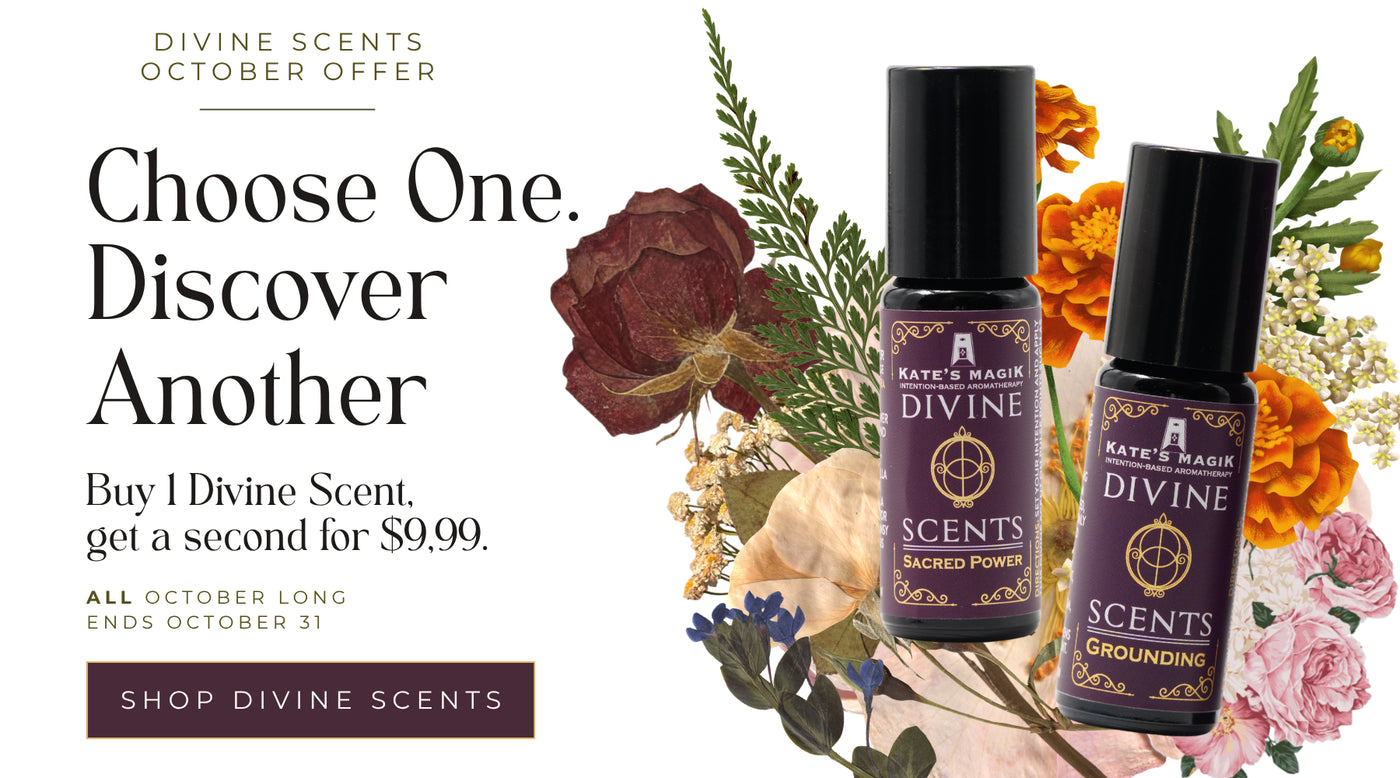 Promotional banner for Divine Scents featuring two violet glass roller bottles with black caps, labeled 'Divine' and 'Sacred Grounding,' surrounded by dried and fresh flowers on a white background with sale text
