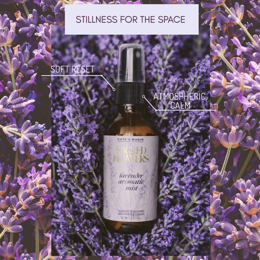 A 60 mL amber glass spray bottle of Kate's Magick Sacred Flowers Lavender Aromatic Mist with a black spray cap and a white label featuring lavender illustrations.