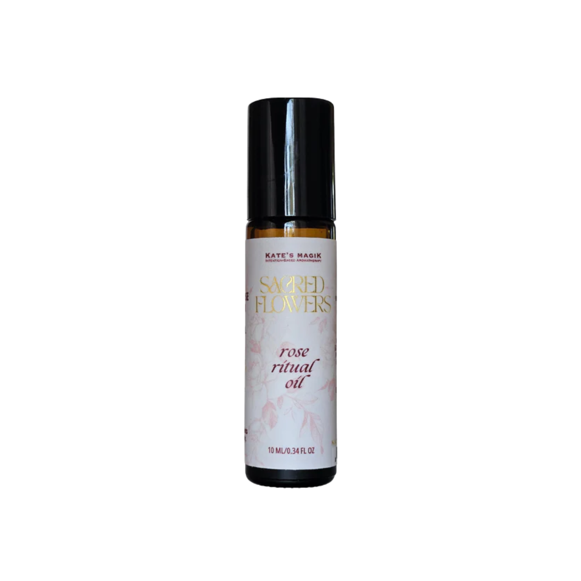 10ml amber glass roll-on bottle of Kate's Magik Sacred Flowers Rose Ritual Oil. White label with pale pink rose vines on the label, red lettering and gold Sacred Flowers name.