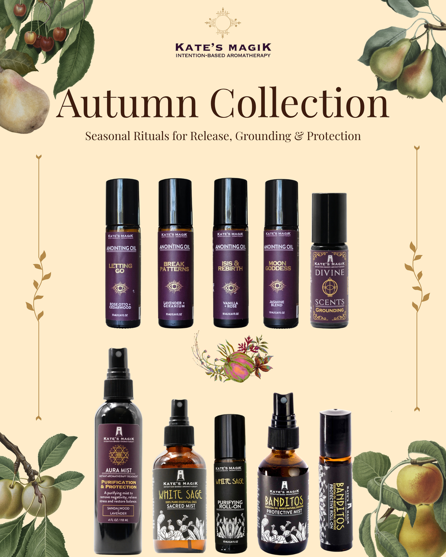 Kate's Magik Autumn Collection promotional graphic featuring multiple herbal aromatherapy oil bottles and sprays arranged on a beige background with autumn leaves and pomegranate illustrations. The collection includes various dark amber and black bottles with purple and white labels.