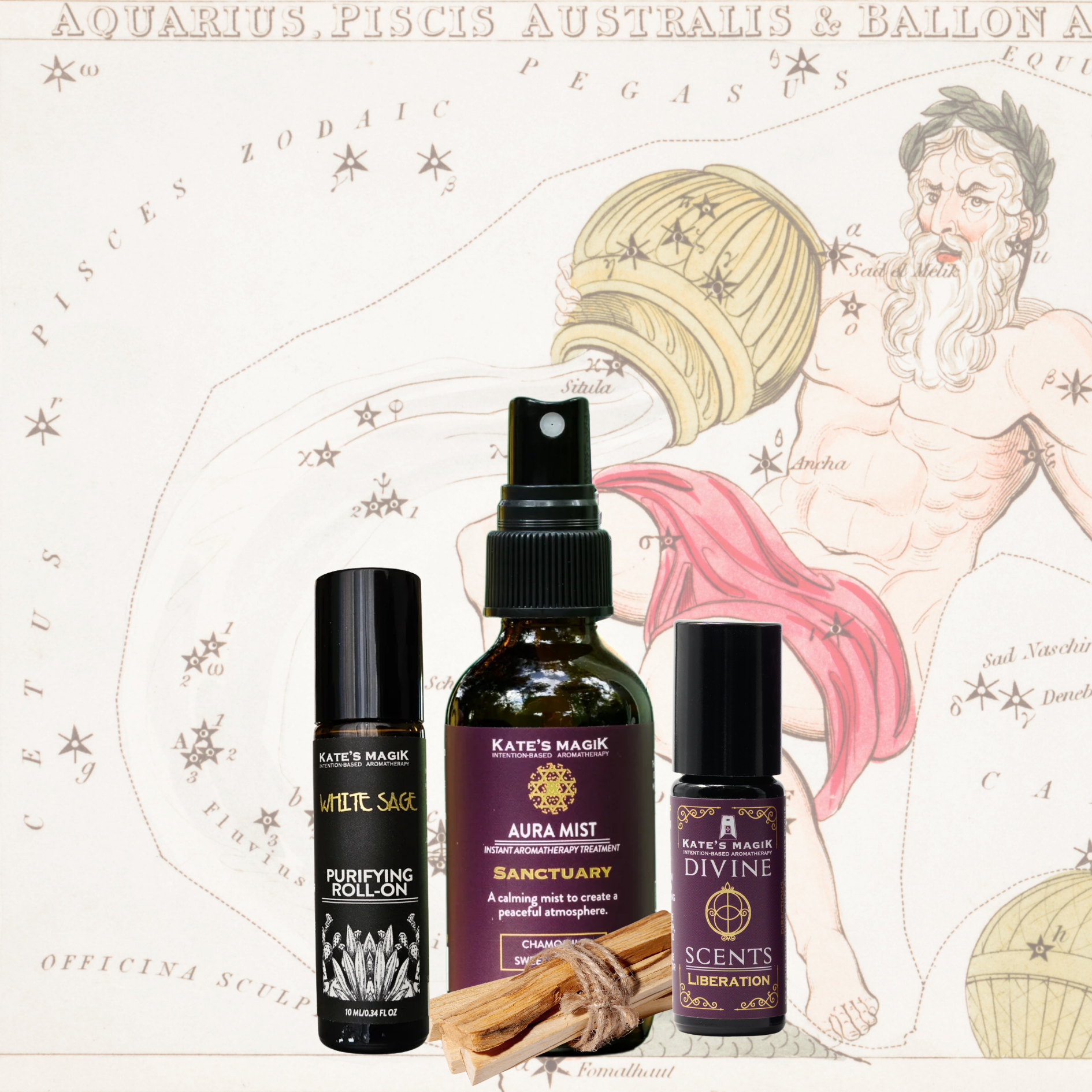 A product bundle made for the Aquarius Zodiac from Kate's Magic featuring a large 'Aura Mist' spray bottle called Sanctuary a 'White sage' roll-on anointing oil bottle, and a Liberation Divine scent natural perfume roll-on bottle, arranged with a bundle of Palo Santo sticks in front of a celestial Aquarius zodiac chart background.