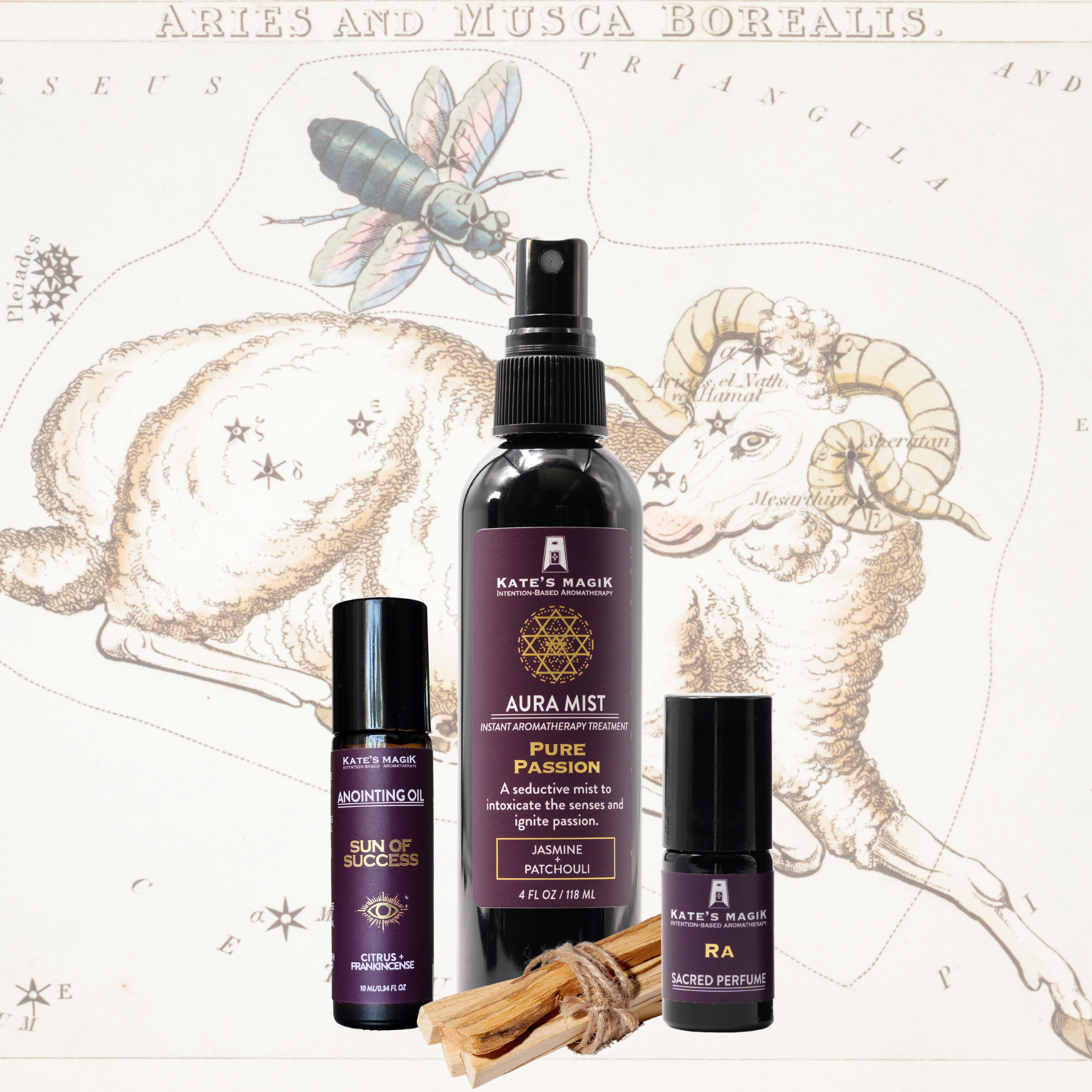 A product bundle made for the Aries Zodiac from Kate's Magic featuring a large 'Aura Mist' spray bottle called Pure Passion, a 'Sun of Success' roll-on anointing oil bottle, and a RA Sacred perfume roll-on bottle. The set is arranged with a bundle of Palo Santo sticks in front of a celestial Aries zodiac chart background, featuring a medieval drawing of a Ram sitting down next to a gigantic fly.