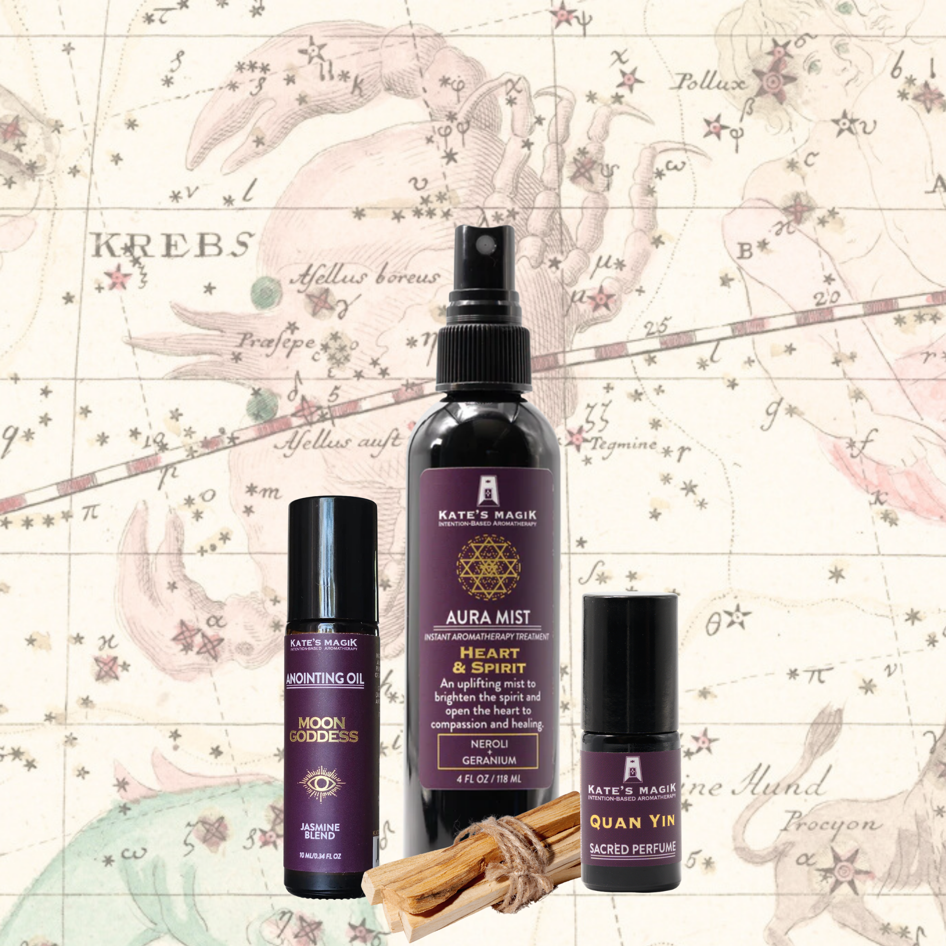 A product bundle made for the Cancer Zodiac from Kate's Magic featuring a large 'Aura Mist' spray bottle called Heart & Spirit, a 'Moon Goddess' roll-on anointing oil bottle, and a Quan Yin Sacred perfume roll-on bottle. The set is arranged with a bundle of Palo Santo sticks in front of a celestial Cancer zodiac chart background, featuring a medieval drawing of a crab amongst the stars.