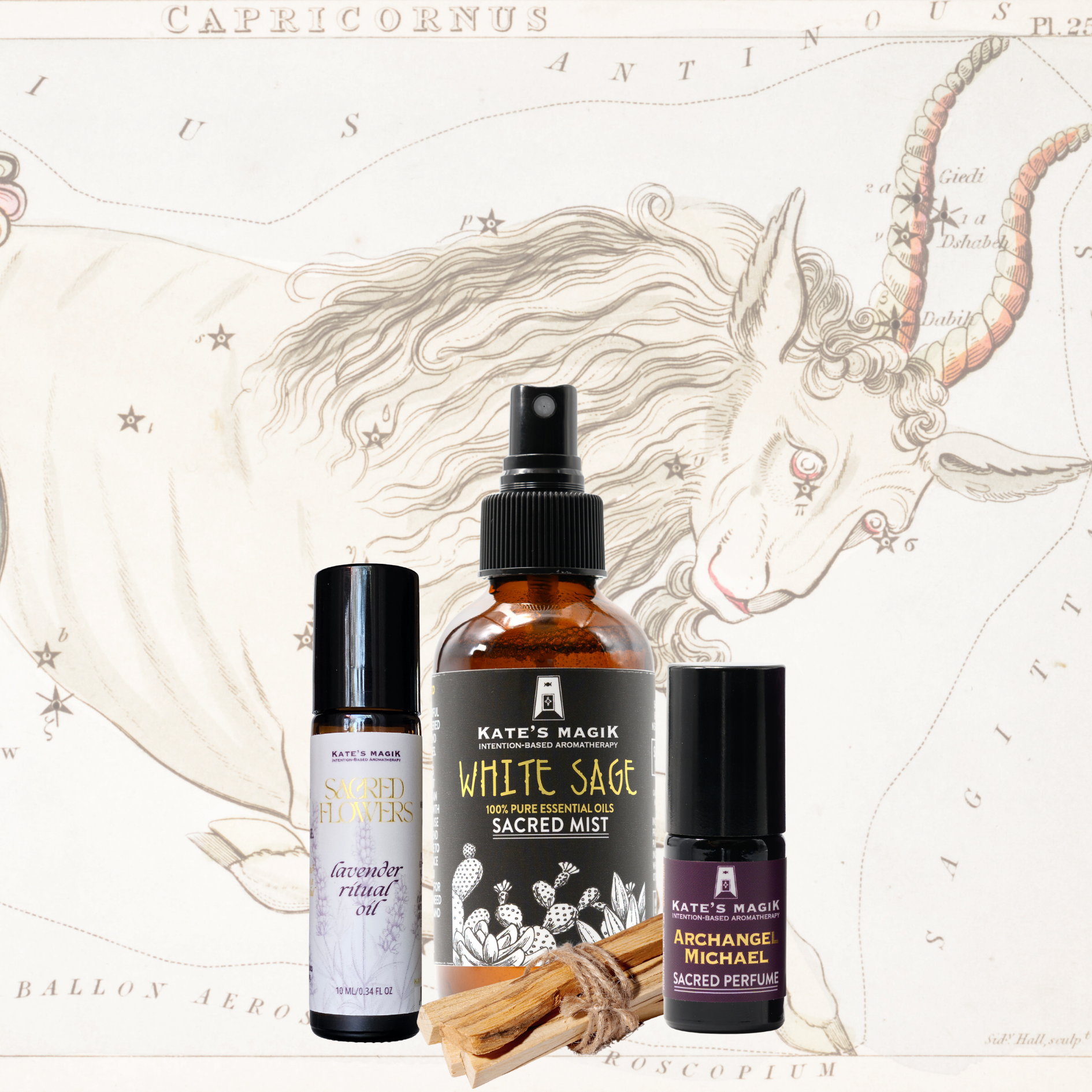 A product bundle made for the Capricorn Zodiac from Kate's Magic featuring a large 'Sacred Mist' spray bottle called White Sage, a 'Lavender' Sacred Flower roll-on anointing oil bottle, and a Archangel Michael Sacred Perfume roll-on bottle, arranged with a bundle of Palo Santo sticks in front of a celestial Capricorn zodiac chart background, featuring a medieval drawing of a goat.