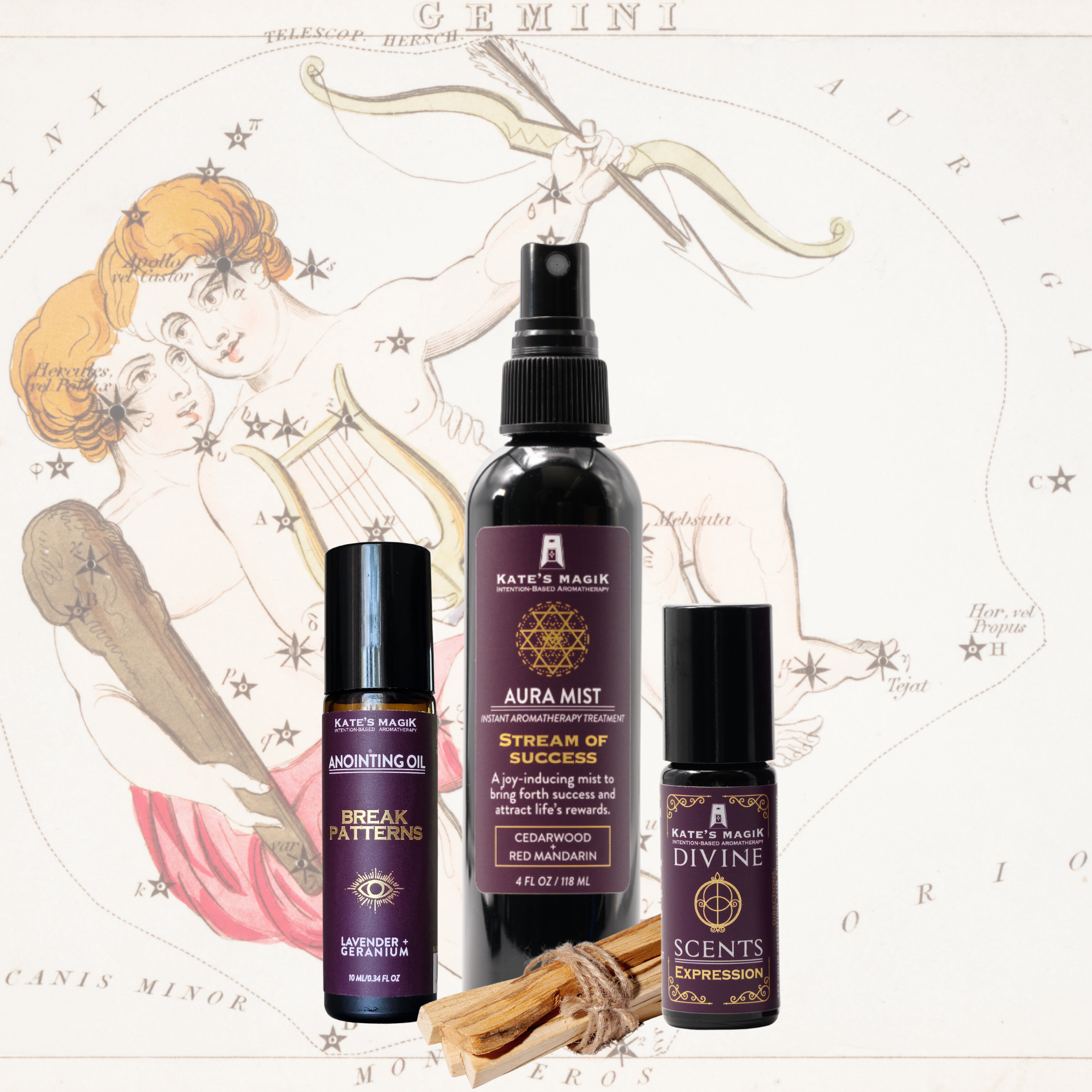 A product bundle made for the Virgo Zodiac from Kate's Magic featuring a large 'Aura Mist' spray bottle called Stream of Success, a 'Break Patterns' roll-on anointing oil bottle, and a Expression Divine scent natural perfume roll-on bottle. The set is arranged with a bundle of Palo Santo sticks in front of a celestial Gemini zodiac chart background, featuring a medieval drawing of twins holding a bow and arrow, a lyre and a baton.