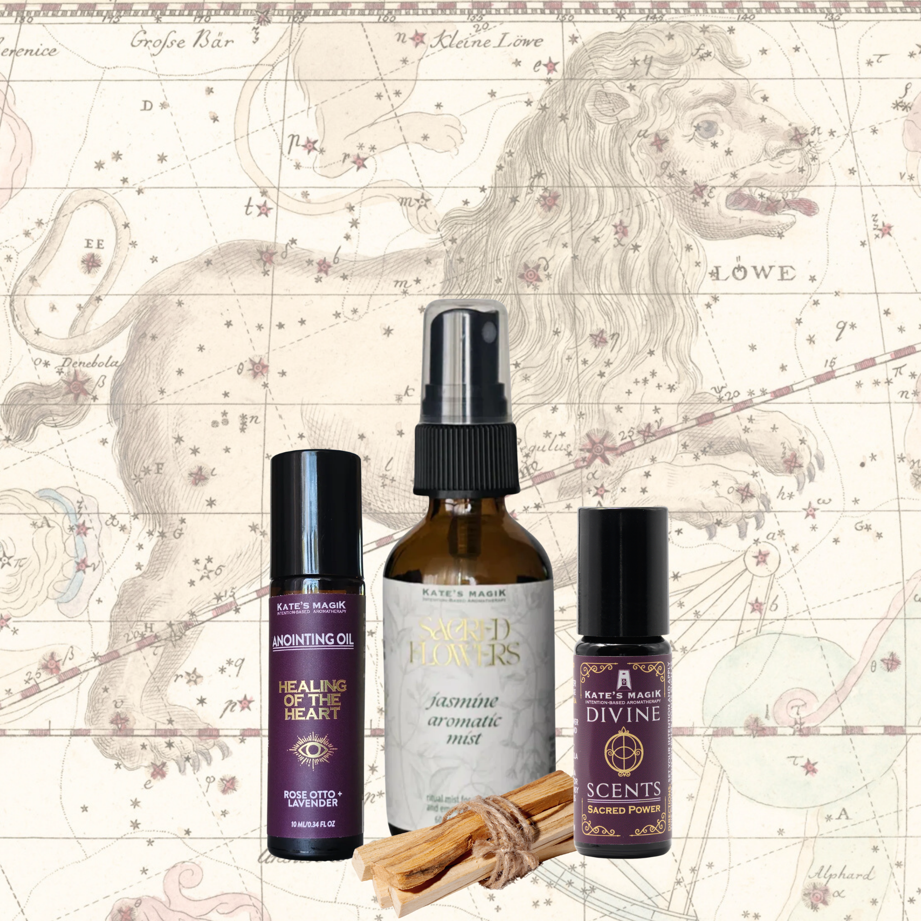 A product bundle made for the Leo Zodiac from Kate's Magic featuring a large 'Jasmine Sacred Flower Mist' spray bottle, a 'Healing of the Heart' roll-on anointing oil bottle, and a Sacred Power Divine scent natural perfume roll-on bottle. The set is arranged with a bundle of Palo Santo sticks in front of a celestial Leo zodiac chart background, featuring a medieval drawing of a Lion.