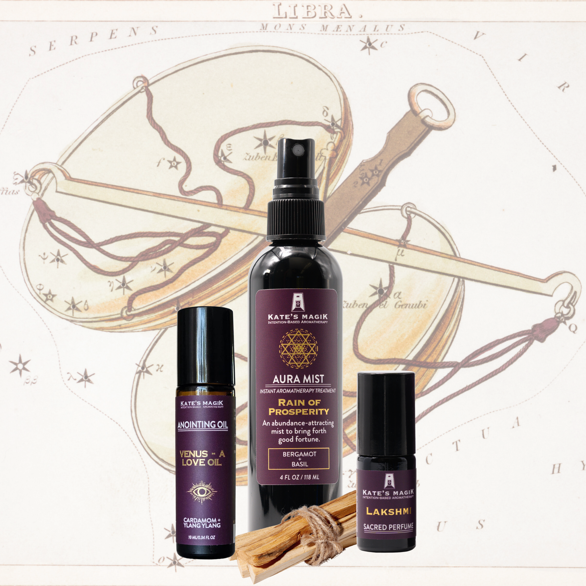A product bundle made for the Libra Zodiac from Kate's Magic featuring a large 'Aura Mist' spray bottle called Rain of Prosperity, a 'Venus- a love oil' roll-on anointing oil bottle, and Lakshmi Sacred Perfume roll-on bottle, arranged with a bundle of Palo Santo sticks in front of a celestial Libra zodiac chart background, featuring a medieval drawing of scales.