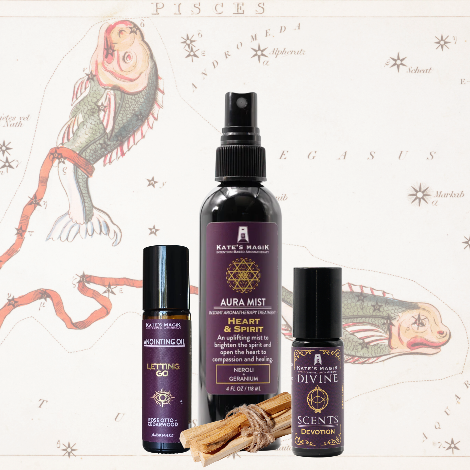 A product bundle made for the Pisces Zodiac from Kate's Magic featuring a large 'Aura Mist' spray bottle called Heart & Spirit, a 'Letting Go' roll-on anoiting oil bottle, and a Devotion Divine scent natural perfume roll-on bottle, arranged with a bundle of Palo Santo sticks in front of a celestial Pisces zodiac chart background.