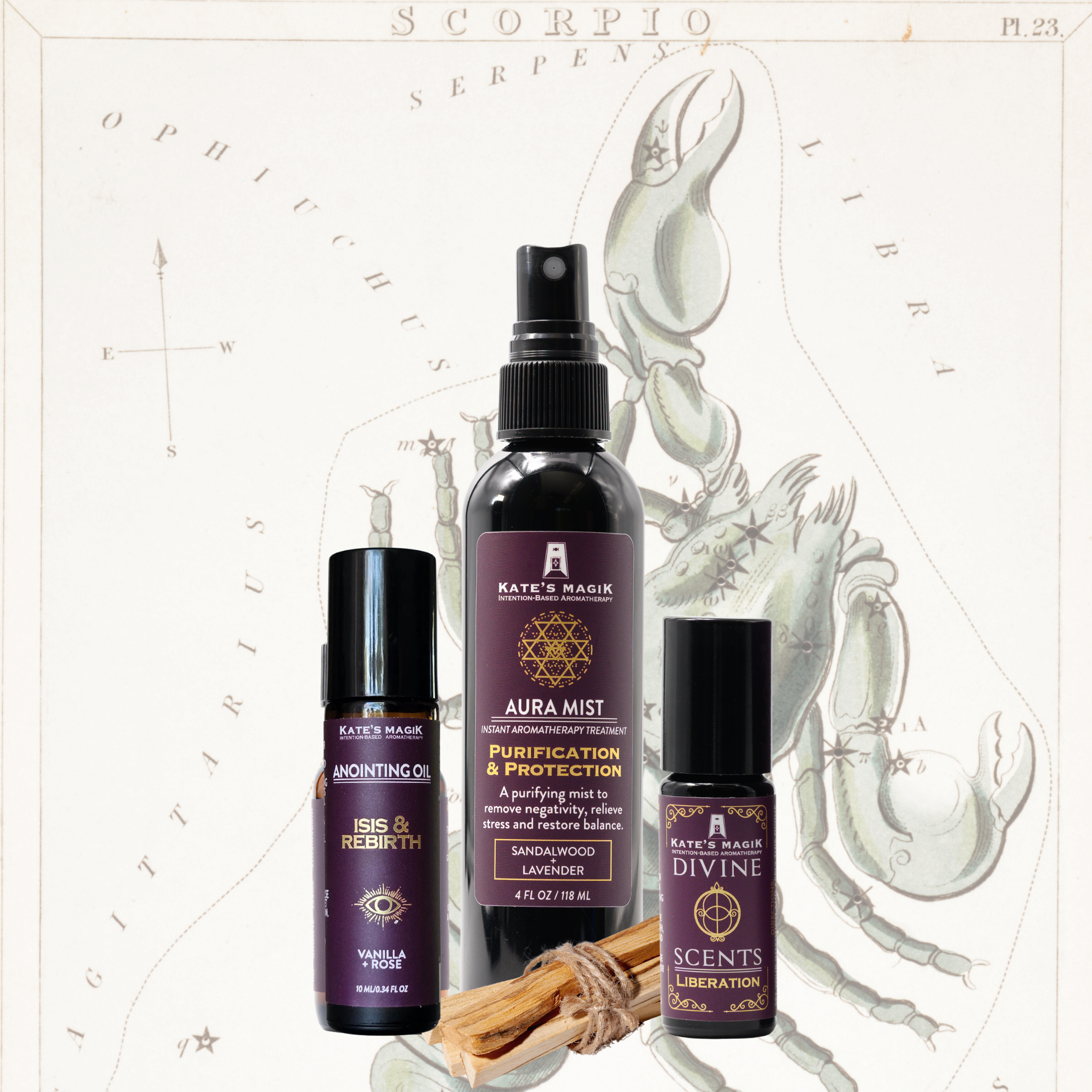 A product bundle made for the Scorpio Zodiac from Kate's Magic featuring a large 'Aura Mist' spray bottle called Purification & Protection, a 'Isis and rebirth' roll-on anoiting oil bottle, and a Liberation Divine scent natural perfume roll-on bottle, arranged with a bundle of Palo Santo sticks in front of a celestial Pisces zodiac chart background.
