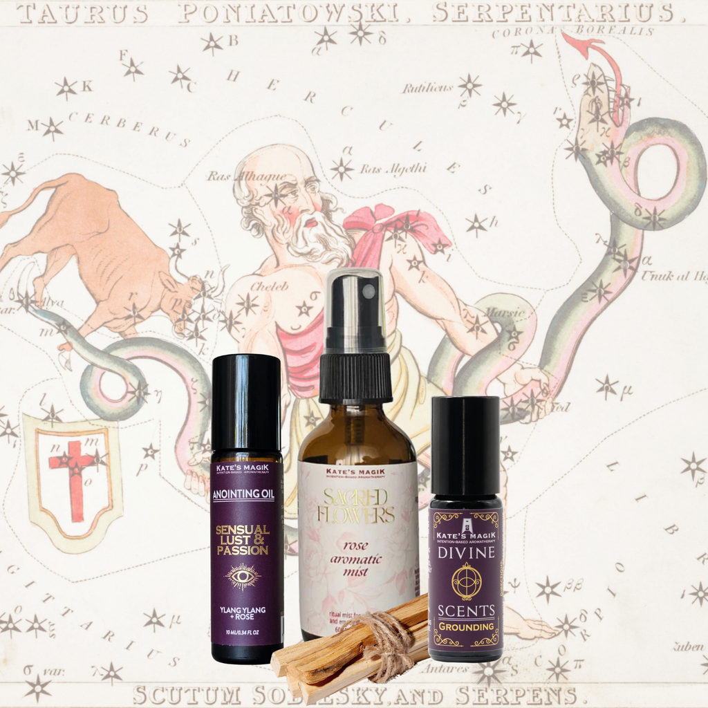 A product bundle made for the Taurus Zodiac from Kate's Magic featuring a large 'Rose Sacred Flower Mist' spray bottle, a 'Sensual Lust & Passion' roll-on anointing oil bottle, and a Grounding Divine scent natural perfume roll-on bottle. The set is arranged with a bundle of Palo Santo sticks in front of a celestial Taurus zodiac chart background, featuring a medieval drawing of a man fighting a large snake beside a large bull. 