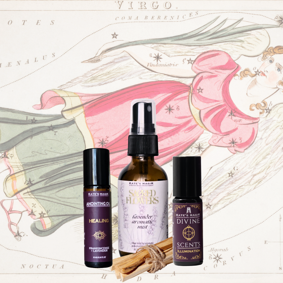 A product bundle made for the Virgo Zodiac from Kate's Magic featuring a large 'Lavender Sacred Flower Mist' spray bottle, a 'Healing' roll-on anointing oil bottle, and a Illumination Divine scent natural perfume roll-on bottle. The set is arranged with a bundle of Palo Santo sticks in front of a celestial Virgo zodiac chart background, featuring a medieval drawing of a woman flying with wings and holding a long plant. 