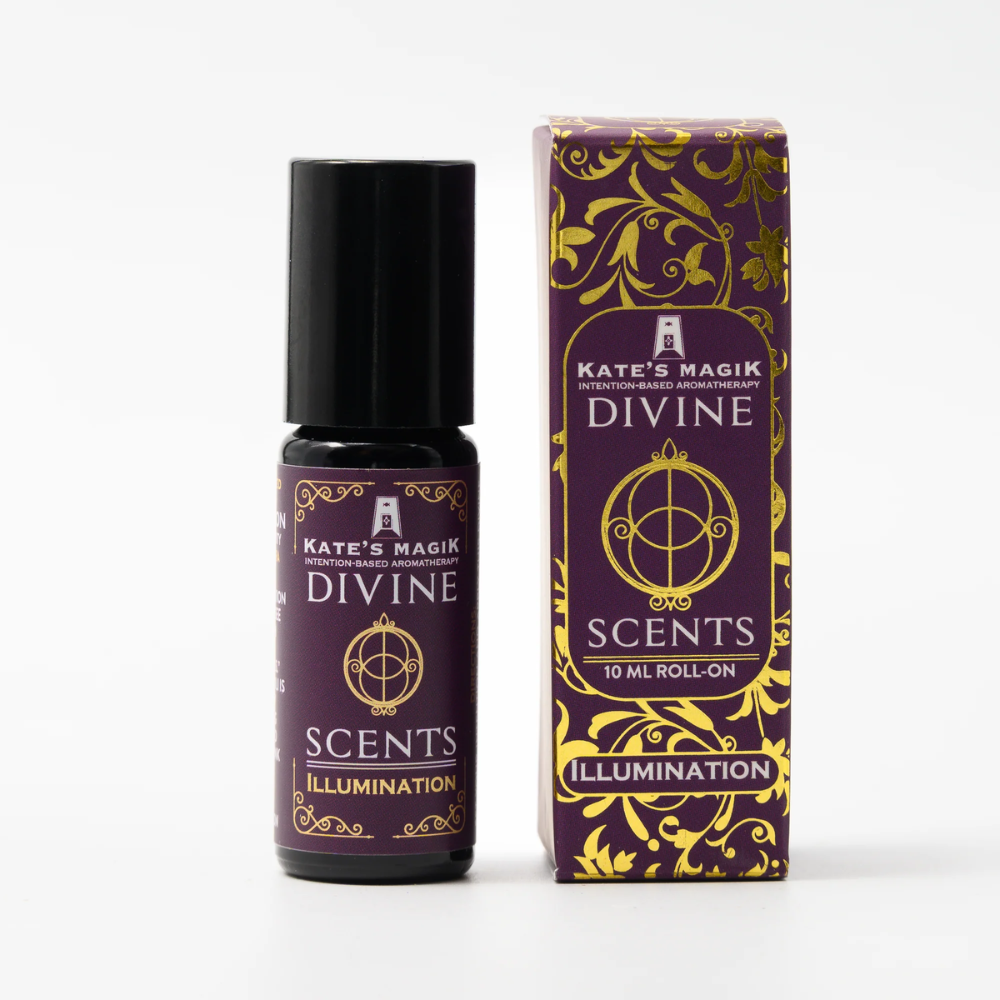 Kate's Magik Divine Scents Illumination roll-on and packaging on a white background