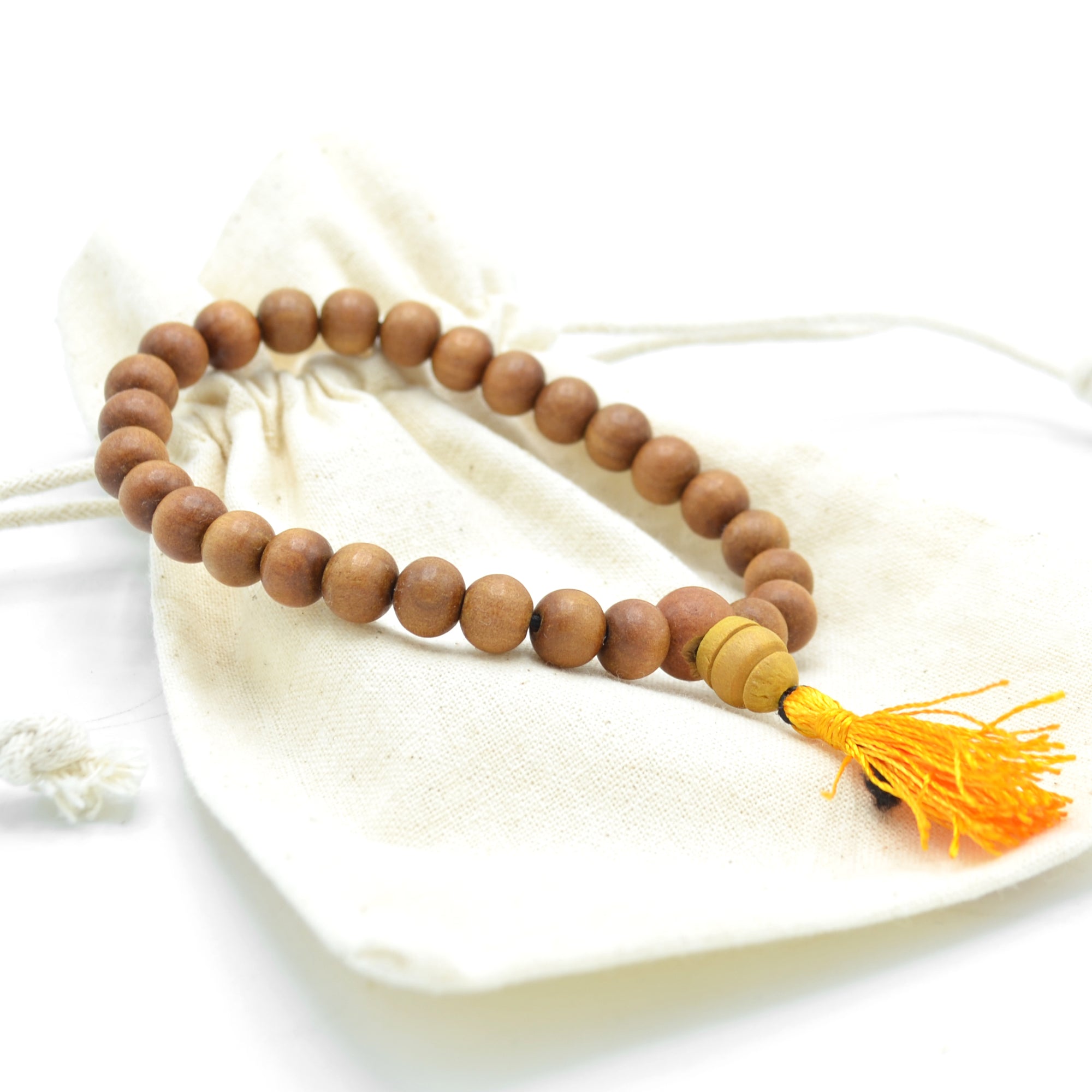 Sandalwood Mala with Gold & Saffron Yellow Silk Tassel ~ Hand Knotted